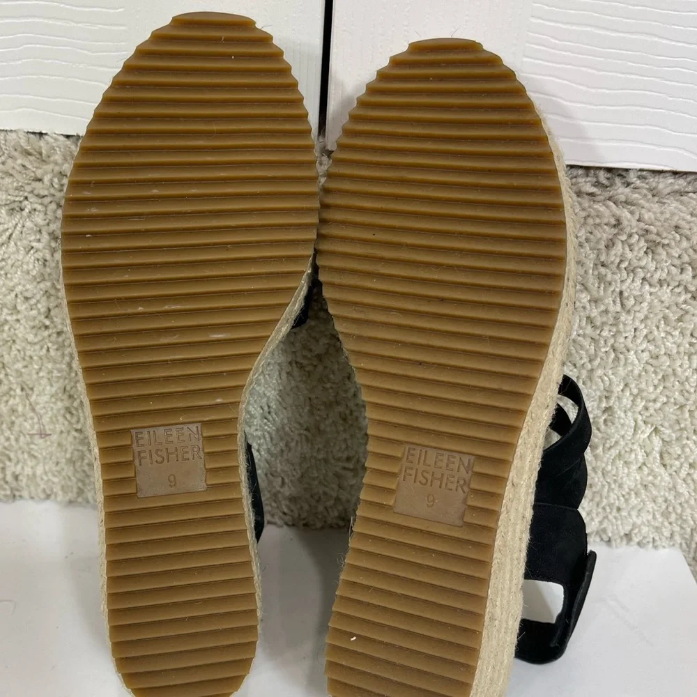 Eileen Fisher LARGO Espadrille Wedge Sandal Women's Black Leather 9 Platform